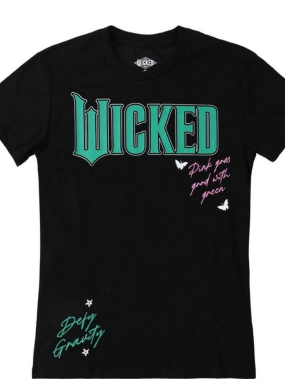 Universal Black 'Wicked' Graphic Tee with Teal and Pink Accents